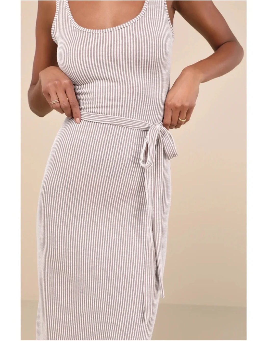 NWT Lulu’s Summer Perfection Taupe and Ivory Striped Ribbed Midi Dress Small